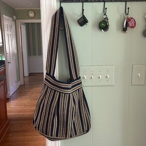 Striped Navy + Tan Bag Handmade Bethany 100% Cotton Fair Work Trade Shoulder Bag